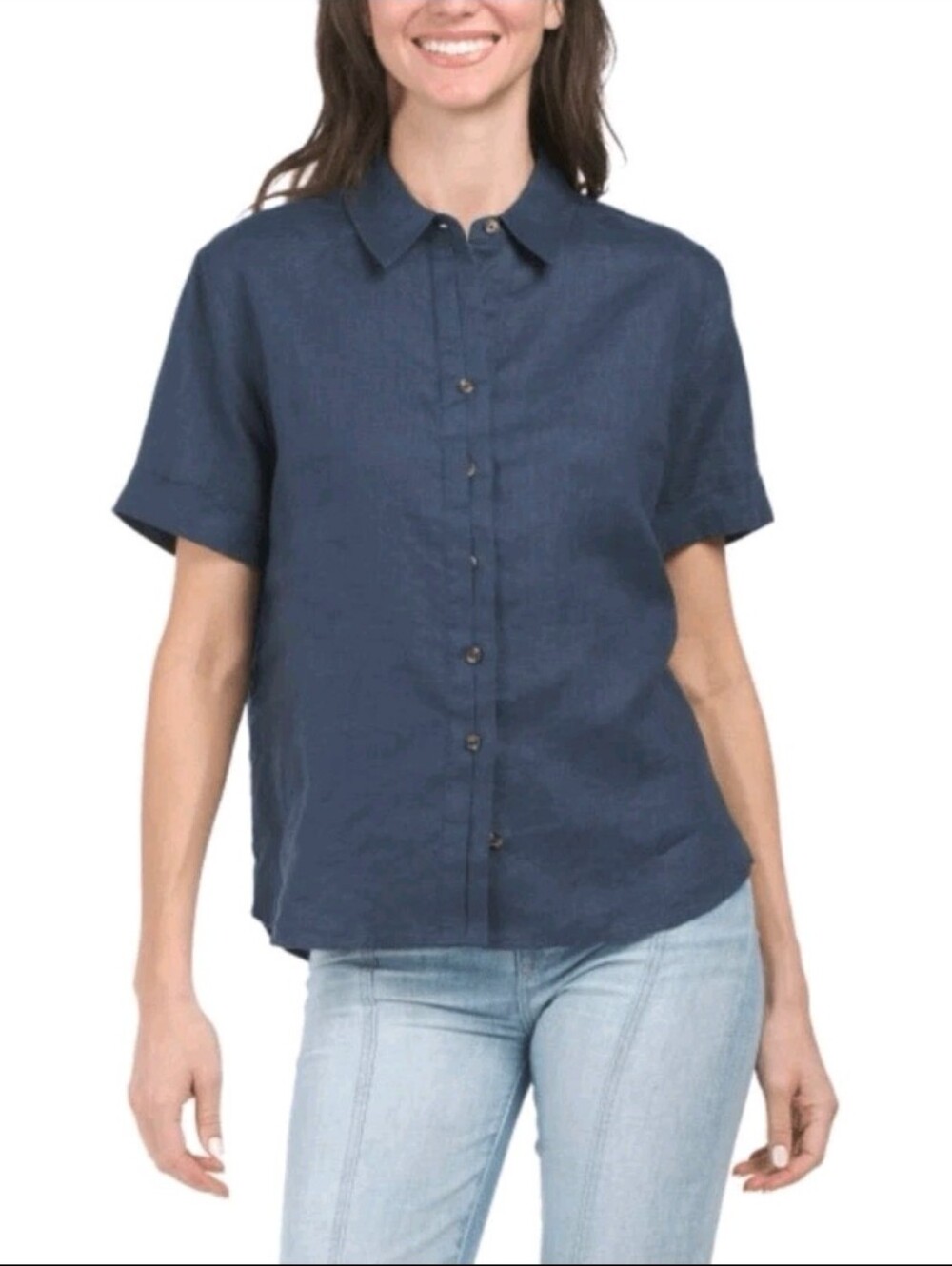 Johnny Was Calme Blue Linen Cuff Sleeve Button Up Shirt Size XL